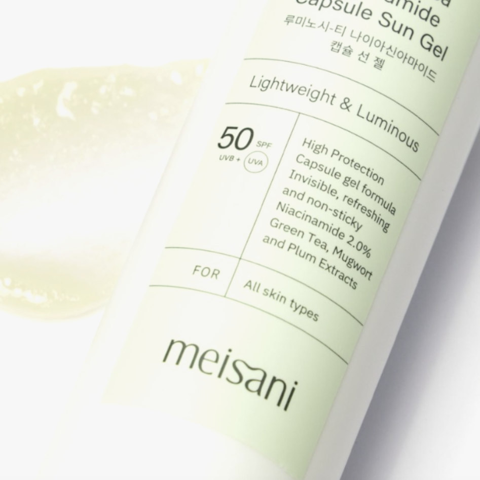 Gel solar con cápsulas de niacinamida Luminosi-tea SPF50(Meisani)